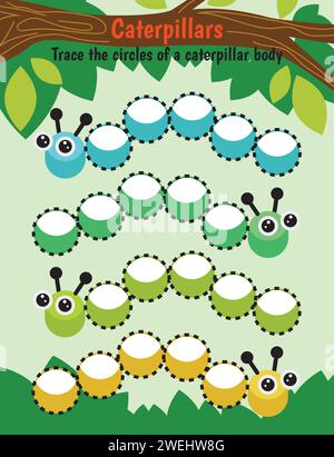 Foglio di lavoro dell'attività linee di tracciamento penna per i figli. Controllo matita per bambini che praticano abilità motorie. Foglio di lavoro stampabile didattico Caterpillar Illustrazione Vettoriale