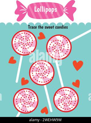 Foglio di lavoro dell'attività linee di tracciamento penna per i figli. Controllo matita per bambini che praticano abilità motorie. Foglio di lavoro stampabile Lollipops Educational Illustrazione Vettoriale