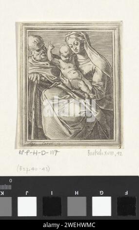 Heilige Familie, Agostino Carracci, 1581 stampa Maria è seduta in grembo con il bambino di Cristo. Joseph è accanto. Incisione su carta Sacra famiglia e rappresentazioni derivate Foto Stock