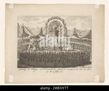 Immagine dei confederati solenni tenutasi a Parigi, nel campo di Marte il 14 luglio 1790, Anonimo, 1790 - 1800 stampa Volksfeest sul campo di Marte (Marsveld) in occasione del primo compleanno della Rivoluzione francese, 14 luglio 1790. Festeggiamenti di incisione cartacea su eventi di importanza nazionale Champ-de-Mars Foto Stock