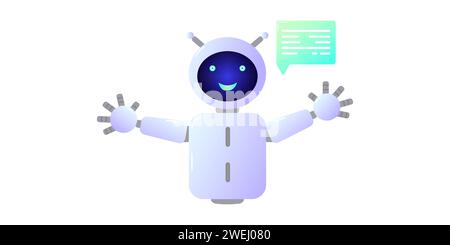 Assistente chatbot forma robot con ai 3d. Rete neurale bot simpatica e simpatica. Sfondo bianco isolato. Progettazione di siti web di applicazioni di social networking. Illustrazione vettoriale. Illustrazione Vettoriale