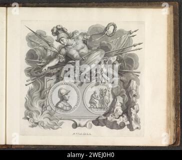 Ritratto di Filippo Barbarigo e la personificazione della guerra o della vittoria militare, Robert van Audenaerd, 1673 - 1743 stampa Pedest in forma di cartiglio. Poi un medaglione con il ritratto di Filippo Barbarigo sul davanti, in equipaggiamento d'armi. Alle spalle, un comandante dell'esercito, seduto su uno sgabello, paga i suoi uomini. Inoltre, il testo: Munificentia. Sopra il piedistallo la personificazione della guerra o la vittoria militare. La donna imbracata ha una corona di alloro e una corona di quercia nelle sue mani. Accanto a lei ci sono i gioielli, le monete e i vasi catturati. La stampa fa parte di un album. medaglia per incisione su carta (co Foto Stock
