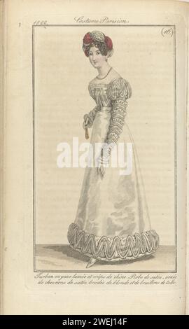 Journal of the Ladies and Fashions, editis Frankfurt April 14, 1822, Parisian Costumes (16), Anonymous, 1822 secondo la didascalia e il testo di accompagnamento (pag. 432): Turban of 'Gaze lamée' and crepe de chine '. Abito in raso decorato con 'Chevron' in raso rifinito con biondo (bobina) e 'brodi' di Tulle. La stampa fa parte della rivista di moda Journal des Dames et des Modes, pubblicata a Francoforte come copia dell'edizione francese di Pierre de la Mésangère, Parigi, 1797-1839. Figura copiata su Costume Parisien 2057. Secondo la didascalia, il turbante è un progetto di M. Du Plessis Foto Stock