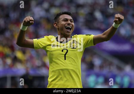 AL WAKRAH, QATAR - GENNAIO 25: Faysal Halimand della Malesia celebra il primo gol della sua squadra durante la partita del gruppo e della Coppa d'Asia AFC tra Sou Foto Stock