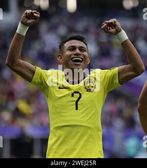 AL WAKRAH, QATAR - GENNAIO 25: Faysal Halimand della Malesia celebra il primo gol della sua squadra durante la partita del gruppo e della Coppa d'Asia AFC tra Sou Foto Stock