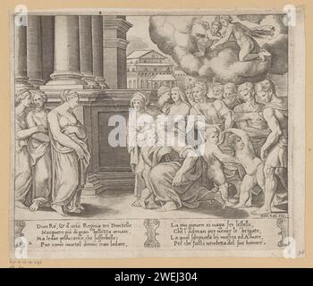 Psiche come dea adorata dal popolo, padrone dei dadi, dopo Michiel Coxie (i), c. 1530 - c. 1560 stampa a sinistra è la figlia del re Psiche e a destra le persone che fanno i suoi sacrifici. In alto a destra della gelosa Venere e di suo figlio Amor. Testo italiano in due tocchi in STUDMARGE. Numerato in basso a sinistra: 3 e 2. L'incisione di carta Psyche, venerata come una dea, alimenta la rabbia di Venere Foto Stock