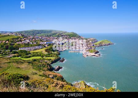 Soleggiata vista sul mare della città di Ilfracombe e della costa dalla scogliera della riserva naturale di Hillsborough Park sul South West Coast Path, North Devon, Inghilterra, Regno Unito Foto Stock