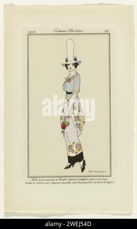 Diario delle signore e degli abiti, 1912, costumi parigini, no 10: Abito Promenad (...), Umberto Brunelleschi, 1912 donna in costume escursionistico ..... cappello di paglia decorato con una panache e una molla a cigno. lastre di moda per incisioni in carta Foto Stock