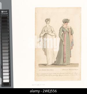 La Belle Assemblée, 1 marzo 1807, No. 14: Un abito da ballo serale / Un abito invernale parigino, anonimo, 1807 Prent uit het modetijdschrift la Belle Assemblée, o Bell's Court and Fashionable Magazine indirizzato in particolare alle signore (1806-1832). carta. inchiostro di stampa. acquerello (vernice) incisione/incisione di piatti di moda Foto Stock