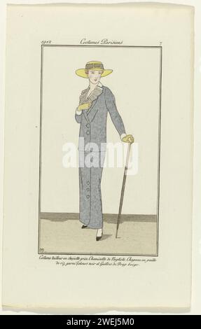 Diario delle signore e degli abiti, 1912, costumi parigini, no 7, Bernard Boutet de Monvel, 1912 donna in vita grigia. Cappello di paglia sulla testa, appoggiato su un bastone da passeggio (ombrello?) lastre di moda per incisioni in carta Foto Stock