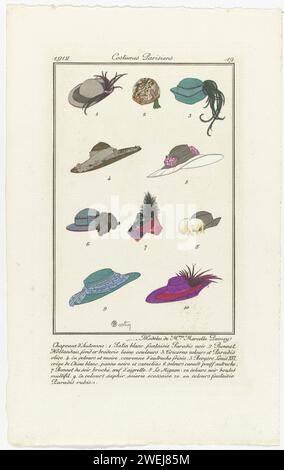 Journal of Ladies and Fashions, Parisian Costumes, 10 settembre 1912, No. 19: Automn Hats (...), 1912 Ten Different Hats Before the Fall of Marcelle Demay. Stampa dalla rivista di moda Journal des Dames et des Modes (1912-1914). lastre di moda per incisioni in carta. copricapo: berretto (+ abiti da donna). copricapo: cappello (+ abiti da donna). copricapo: cappello (+ piume usate per i vestiti). copricapo: tricorno (+ abiti da donna) Foto Stock