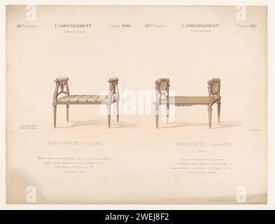Two Banks, Chanat, 1895 stampano due panche negli stili di Luigi XVI e Luigi XIV Stampa dal 327° numero (Livraison). mobili in carta Foto Stock