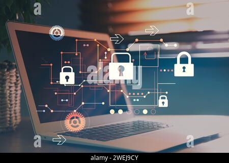 Protezione della privacy. Schema digitale con lucchetti sopra un notebook in ufficio Foto Stock