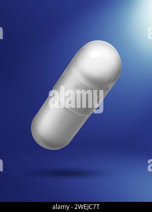 Capsula vitaminica in aria su sfondo blu gradiente Foto Stock