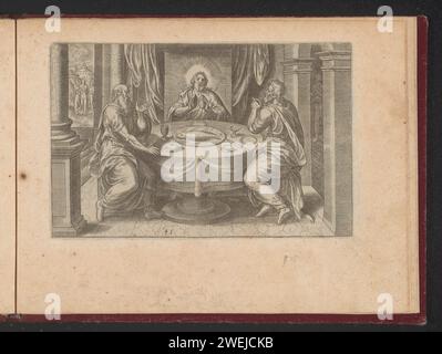 Meal in Emmaus, Philips Galle (workshop OR), dopo Gerard van Groeningen, 1573 stampa parte di un album con un titolo stampato e una serie di 50 stampe riguardanti la vita e la passione di Cristo. Carta incisione della cena ad Emmaus: Cristo è riconosciuto mentre benedice o spezza il pane Foto Stock