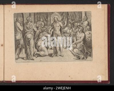 Unbelieving Thomas Touches Wounds Christ, Philips Galle (laboratorio o), dopo Gerard van Groeningen, 1573 stampa parte di un album con una stampa del titolo e una serie di 50 stampe riguardanti la vita e la passione di Cristo. Incisione su carta di Tommaso che tocca o tende le mani per toccare la ferita del fianco di Cristo, a volte Cristo guida la mano di Tommaso Foto Stock