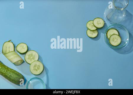 Vista dall'alto delle fette di cetriolo decorate con vetreria da laboratorio su sfondo blu. Spazio per il prodotto da esposizione. Elevato contenuto d'acqua e antiossidanti del cetriolo Foto Stock