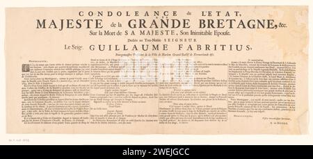 Condoglianze de l'etat Majeste de la Grand Brittany sur la Mort de sa Majeste: didascalia sulla stampa con il cadavere di Maria II Stuart, regina d'Inghilterra, Pieter Persoy, 1695 stampa Foglia con testo francese in 4 colonne scritto da Romeyn de Hooghe e dedicato a Willem Fabricius, sindaco di Haarlem. Il testo fornisce una descrizione e una spiegazione dell'esecuzione della regina sul letto di morte (FM 2905/6) e una personale espressione di dolore per la morte della figlia di Romeyn de Water Maria poco dopo la morte di Maria Stuart. carta stampa letterpress Foto Stock