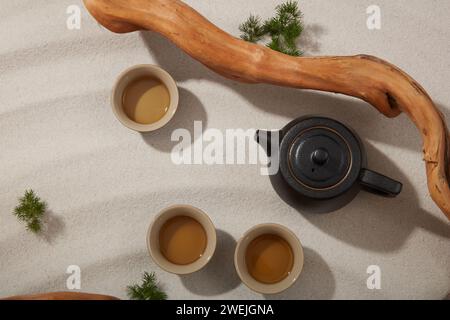 Vista dall'alto della teiera nera e del set da tè decorati con ramoscelli secchi e erba verde su fondo di sabbia beige. Sfondo minimo per la presentazione del prodotto Foto Stock