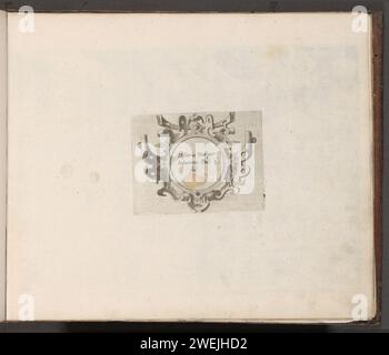 Cartouche con Rolwerk, 1579 stampa titolo in cartiglio con lavoro di arrotolamento. Stampa del titolo per una serie di stampe sulla storia di Noah. La stampa fa parte di un album. carta incisione a rotoli, graffette  ornamento Foto Stock