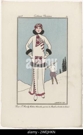Journal of Ladies and Fashions: The Fashion Illustrators, 1913 Woman in an Ensemble for St. Moritz, in ratiné bianco rifinito con Skunk (pelliccia) e ricamato con lana. Sullo sfondo, un uomo porta gli sci sulla spalla. Stampa dalla rivista di moda Journal des Dames et des Modes (1912-1914). lastre di moda per incisioni in carta. copricapo: berretto (+ abiti da donna). gonna (+ abiti da donna). abbigliamento per la parte superiore del corpo (+ abiti da donna). ricami (ornamenti) (+ abiti da donna). sci (sport invernali). parti ornamentali di indumenti (+ pellicce utilizzate per gli indumenti) Foto Stock
