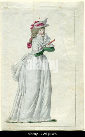 Journal of Fashion and Taste, 20 luglio 1792, 15th notebook, PL. 2, 1792 donna in un corpo verde su una gonna bianca con bordo smerlato. Mantello bianco con lo stesso bordo scolpito. Sulla testa un "Bonnet de fantasie" con nastro rosa. Un nastro rosa è intrecciato nella treccia dei capelli. Ventola chiusa rosa in mano. La stampa è la metà destra del 15th Cahier, 3rd Année, della rivista di moda Journal de la Mode et du Goût Ou Amusemens du Salon et de la Toilette, Parigi, 25 febbraio 1790-1 aprile 1793. lastre di moda per incisioni in carta. vestiti, costume (+ abiti da donna). fan (+ vestiti da donna). testa- Foto Stock