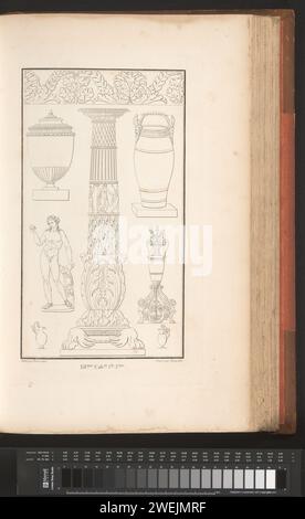 Vari ornamenti, Pierre-Nicolas Beauvallet, stampa ornamentale del 1820 con una ciotola su un piede alto ornato. Parte del Prentalbum con due serie di 138 stampe di ornamenti di Beauvallet e Normand, "Fragmens d'Ortuens dance le style Ancient". ornamenti per incisione carta  art Foto Stock