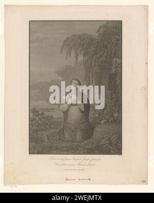 Pregare la donna inginocchiata per una tomba, Meyer (incisore), dopo Wilhelm Herbig, 1813 - 1815 stampa due righe in tedesco sotto la stampa. Sulla destra, davanti alla donna, c'è una corona di alloro. Proprio dietro di lei un crocifisso con iscrizione e la data 23 agosto 1813. Incisione di carta in ginocchio su entrambe le ginocchia - AA - figura umana femminile. tomba, tomba. una persona che prega Foto Stock