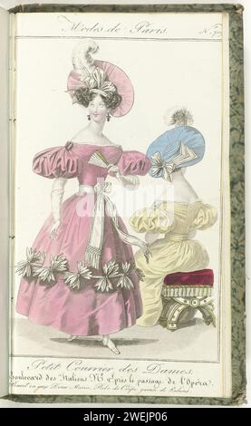 Petit Courrier des Dames, 20 Mars 1830, No. 709: Berret in Gaze Dona Maria ..., 1830 donna in piedi vestita con un abito di crepe decorato con nastri. Baretto di 'Gaze Dona Maria' (GaAs). Gamma di piegatura in mano. Cinghia rigida con pattini sospesi. Figura, vista sul retro, con lo stesso vestito, seduta su un tabouret. Stampa dalla rivista di moda Petit Courrier des Dames (1821-1868). Rilegato (con poche pagine. Le Journal des Dames et des Modes). Dal 15 gennaio 1827 al 20 marzo 1830. Incompleto. lastre di moda per incisioni in carta. head-gear: beret (+ abiti da donna). abito, abito (+ abiti da donna). guanti Foto Stock