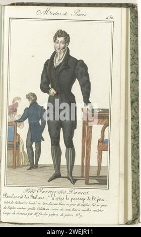 Small mail of the Ladies, 25 febbraio 1827, No. 452: Gilet in cashmere ricamato in seta ..., 1827 uomo in piedi vestito con una giacca con maniche piumini lunghe. Gilet in cachemire ricamato con seta, inclusa una camicia bianca di Gros de Naples. Collare di paglia per la maggior parte di Napoli. Pantaloni e calze da ginocchio. Taglio di capelli di Foucher. Stampa dalla rivista di moda Petit Courrier des Dames (1821-1868). Legato (con qualche pp. Le Journal des Dames et des Modes). Dal 15 gennaio 1827 al 20 marzo 1830. Incompleto. lastre di moda per incisioni in carta. Abbigliamento per la parte superiore del corpo (GILET) (+ uomini Foto Stock