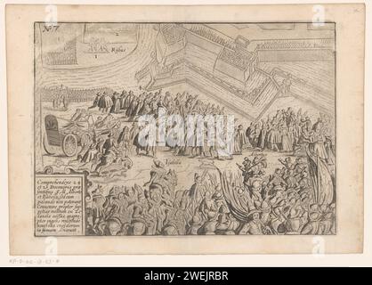 Assedio di Ostenda: L'armistizio il 24-25 dicembre 1601, Anonymous, 1615 stampa il cessate il fuoco il 24 e 25 dicembre 1601. Isabella e Albrecht si mostrano tra una grande folla per la città assediata. In basso a sinistra un cartiglio con un'iscrizione in latino. In basso a destra un cartiglio con iscrizione in latino. In alto a sinistra: 7. assedio incisione/incisione di carta, guerra di posizione. Armistizio, tregua Ostenda Foto Stock