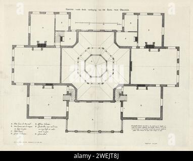 Mappa del piano superiore del Palazzo Huis ten Bosch, Jan Matthysz., dopo Pieter Jansz. Posta, 1655 Stampa mappa del piano superiore del Palazzo Huis Ten Bosch a l'Aia con la mappa della cupola sopra la stanza arancione e i motivi delle volte. In basso a sinistra una legenda. palazzo di incisione di carta. Piano  architettura Palazzo Huis ten Bosch Foto Stock