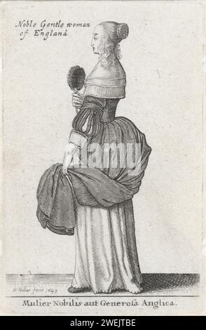 Donna nobile o generosa inglese / Nobile gentile donna d'Inghilterra, Wenceslaus Hollar, 1643 Nobile donna d'Inghilterra, di profilo a sinistra, con lei che lotta all'indietro dalla fronte e finisce sul dorso della testa in una treccia arrotolata. Dal sonno, la parte inferiore dei capelli è arricciata sulle spalle e sulla schiena. Un panno nudo doppio piegato, incluso un altro che è leggermente piegato sulle spalle e sulla schiena. Klangon con corpo aderente, maniche lunghe dal foro del braccio dritto e dal gomito largo e tagliato in modo che la camicia bianca (?) È visibile. Polsini non adornati restituiti Foto Stock