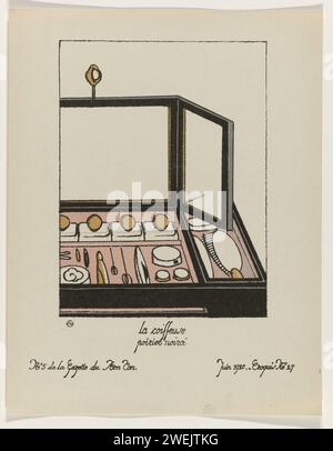 Gazette du Bon tone, 1920 - No. 5: Il parrucchiere / Poirier Noiri, Süe and Mare, 1920 Un tavolo da spogliatoio. La stampa fa parte di una serie di quattro bozzetti intitolati "Aménbeheer d'une Lodge d'Actress". Croquis No. 27 della Gazette du Bon Ton 1920, No. 5. Spiegazione dei mobili alla pagina "Explication des Planches". targhe di carta. Pettine, spazzola e altri strumenti (cura dei capelli) - AA -  donne Foto Stock