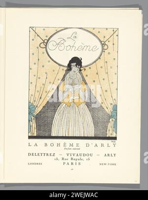 Gazette di buon tono. Art - Modes & frivolities: Materiale pubblicitario, 1920 pubblicità di Parfumerie la Bohème d'Arly. Donna in piedi con una bottiglia di profumo in mano. P. LV in Gazette du Bon Ton 1920, N. 7 lastre di carta. Bottiglia di profumo - AA - (per) donna Foto Stock