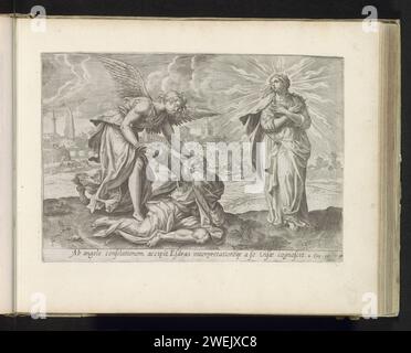 Seconda visione di Ezra: Ezra confortato dall'angelo, Anonimo, dopo Maerten de Vos, 1585 stampa l'angelo Uriel conforta Ezra e lo aiuta a stare in piedi. Accanto a Ezra ci sono la visione della radiosa moglie Sion. Quando scompare, Ezra vede la città che viene costruita sullo sfondo. Sotto lo spettacolo un riferimento in latino al testo della Bibbia Apocrypharis in 4 Ezra 10. Questa stampa fa parte di un album. Incisione su carta di altre scene di Ezra ed Esdras Foto Stock