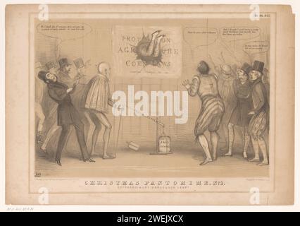 Cartoni animati con Premier Peel nel ruolo di Harlekijn, John Doyle, 1846 stampa Cartoon del 1846 di uno spettacolo natalizio in cui il primo ministro Robert Peel salta attraverso il muro nei panni di Harlekijn, con sorpresa degli spettatori. A questo punto, il libero scambio è sulla bilancia. Pubblicato come n.. 852 nella serie HB Sketches. Tipi di carta in "commedia dell'arte": Harlequin. pantomima, stupido spettacolo, masque. caricature politiche e satire Foto Stock