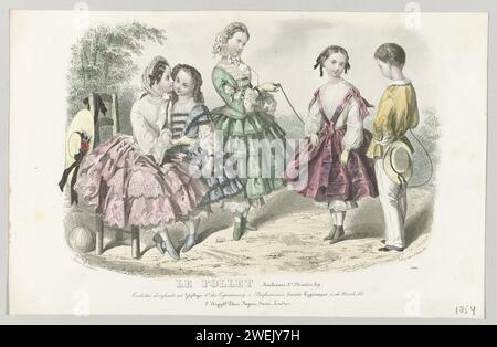 Le Follet, 1854, No. 1904: Bagni per bambini (...), 1854 quattro ragazze e un ragazzo in un parco, giocando con una corda da salto. Sotto la performance alcune righe di testo pubblicitario per prodotti diversi. Stampa dalla rivista di moda le Follet Courrier des Salons (novembre 1829-ottobre 1882). lastre di moda per incisioni in carta. vestiti, costume (+ vestiti per bambini). copricapo: berretto (+ vestiti per bambini). abito, abito (+ vestiti per bambini). giochi di salto con la corda Foto Stock