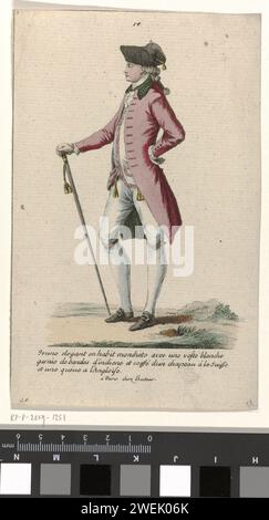 Gallerie di modi e costumi francesi, 1785, nr. 14, nr. 28, Kopie Naar J 52: Un giovane elegante in cappotto monchet (...), c. 1785 giovane elegante vestito con un abito Moncheté su un gilet bianco, rifinito con una fascia di 'If the' (cotone dipinto o stampato). Pantaloni alle ginocchia. Sulla testa un "Chapeau à la Suisse". I capelli sono avvolti dalla fascia di tessuto nero: "Queue à l'Angloise". Altri accessori: Bottoni, bastoncino da passeggio con spazzole, scarpe con fibbie. Copia a J 52 dalla serie J. 9th Cahier des Costumes French, 3rd Suite d'Habillemens à la Mode, gallerie des Modes et Costumes French. carta en Foto Stock