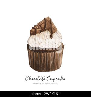 Dessert cupcake al cioccolato fondente, disegno vettoriale di pittura alimentare ad acquerello isolato su sfondo bianco Illustrazione Vettoriale