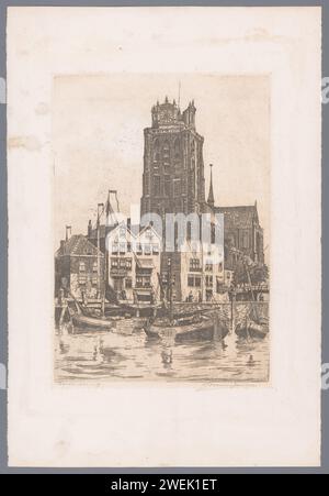 Veduta del grande o Onze-lieve-Vrouwkerk a Dordrecht, da Bomhaven, Marius Johannes Janssen, chiesa con incisione di carta stampata del 1926-1957 (esterno). harbor Dordrecht. Grande o nostra Signora Foto Stock
