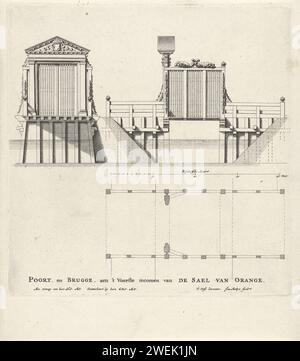 Vista laterale del cancello e del ponte di accesso al Palazzo Huis Ten Bosch, Jan Matthysz., dopo Pieter Jansz. Posta, 1655 stampa sulla destra la vista laterale del ponte di accesso con il cancello del Palazzo Huis Ten Bosch a l'Aia. Sulla sinistra, la vista frontale del cancello. Sotto la mappa del ponte di accesso e del cancello. incisione/incisione su carta esterna  design architettonico o modello. pianificare  architettura. ponte. Cancello, ingresso al Palazzo Huis ten Bosch Foto Stock