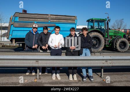 Studenti agricoltori durante il blocco degli agricoltori francesi (sindacati FNSEA e JA) sulla tangenziale di Albi (RN88) ad Albi, nel sud-ovest della Francia il 25 gennaio 2024. I potenti sindacati agricoli francesi il 22 gennaio si incontrarono con il primo ministro francese dopo aver minacciato il governo con una settimana o più di azione di protesta se le loro richieste non fossero state soddisfatte. I sindacati hanno chiesto azioni concrete da parte del governo per affrontare le loro lamentele, che, secondo loro, includono oneri finanziari eccessivi e norme di tutela ambientale, nonché prezzi insufficienti per i loro prodotti. Foto di Arnaud Bertrand/ABACAPRESS.COM Foto Stock