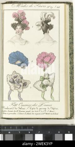 Piccola posta delle signore, 10 febbraio 1829, no 59/616: Acconciatura eseguita da M.R Brassor ..., 1829 acconciatura da donna e due copricapi, visti dal davanti e dal retro, numerati da uno a tre. 1) coiffure Exécutée par MR Brasseur grande Rue verte No. 30 F. 69. St Honoré. 2) Turban e Grenadine. 3) Bonnet de Blonde des Magasins de Mme Minette Rue de Rivoli. Stampa dalla rivista di moda Petit Courrier des Dames (1821-1868). Legato (con qualche pp. Le Journal des Dames et des Modes). Dal 15 gennaio 1827 al 20 marzo 1830. Incompleto. lastre di moda per incisioni in carta. Stili di parrucchiere - AA -  Wome Foto Stock