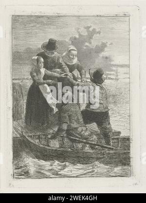 Shifting, Reinier Craeyvanger, 1822 - 1880 stampa Uno skipper aiuta una famiglia di padre, madre e figlia sulla barca a remi. gruppo familiare di incisione di carta, in particolare i genitori con il loro bambino (ren). canottaggio, canoa, ecc. seaman Foto Stock