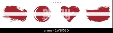Set di icone bandiera stile grunge disegnate a mano in Lettonia. Banner lettone nei colori ufficiali. Forma del tratto libero del pennello, cerchio e a forma di cuore. Illustr. Vettoriale piatto Illustrazione Vettoriale