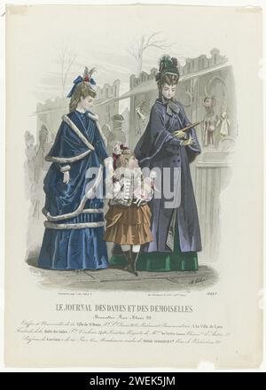 The Journal of the Dames and Demoiselles, Edizione belga, 1872, No. 1068B: FABS and Novelties (...), A. Bodin, dopo Emile Préval, 1872 due donne e una ragazza camminano oltre le bancarelle, la donna sinistra indossa un mantello di 'Velours d'Amiens' con pelliccia. La ragazza indossa un abito "Popeline d'Ilande" con una tavolozza di fogli bianchi. La donna giusta è vestita con un abito "Popeline de Lyon" con un mantello di foglio viola e una pelerina. Sotto la performance alcune righe di testo pubblicitario per prodotti diversi. Descrizione dettagliata dell'abbigliamento a pagina 43 "Description de la engravure de Modes Coloriée". P Foto Stock