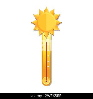 Termometro vettoriale giallo in condizioni climatiche estive calde. Icona con il simbolo sole in design piatto. Illustrazione per scheda, banner, poster, 2d, confezione Illustrazione Vettoriale