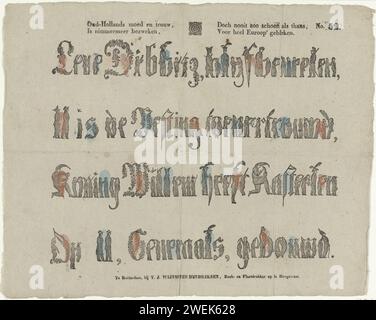 Vecchio - coraggio e lealtà olandese, / non è mai crollato, / ma mai così pulito come ora, / per intero euroop 'si è rivelato', 1832 - 1850 stampa quattro righe con figure umane che rappresentano lettere con le quali è stata formata una poesia in onore del generale Dibbitz. Numerato in alto a destra: N. 52. carta letterpress stampa di lettere eleganti Foto Stock