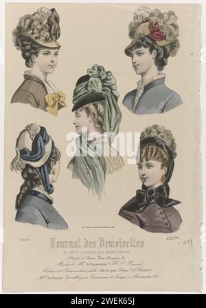 Journal des Demoiselles, ottobre 1877, No. 4123 bis: Mme de Bysterweld modes (...), 1877 cinque busti femminili con cappelli diversi. Secondo la didascalia, questi sono di Busterweld. Sotto alcune righe di testo pubblicitario per prodotti diversi. Stampa dalla rivista di moda Journal des Demoiselles (1833-1922). lastre di moda per incisioni in carta. copricapo: cappello (+ abiti da donna). velo (+ abiti da donna). orecchini (+ vestiti da donna). copricapo: cappello (+ piume usate per gli abiti) Foto Stock
